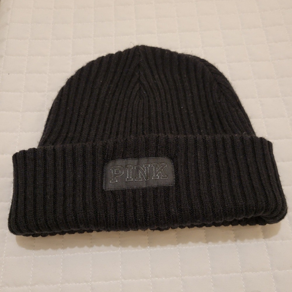 Victoria's Secret PINK Black Ribbed Knit Beanie Winter Hat Cuff Streetwear‎ Trap